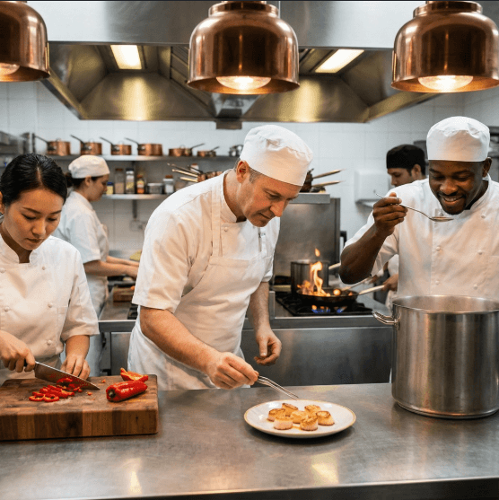 Cooks preparing vegetables in a commercial kitchen